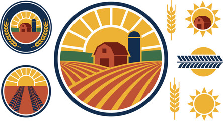 Fototapeta premium Vintage agriculture logo bundle featuring red barn farmhouse badge icons and stylized wheat stalk elements for organic farming