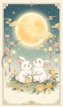 Whimsical White Rabbits Celebrating Beneath a Radiant Golden Moon with Glowing Lanterns and Floral Decorations