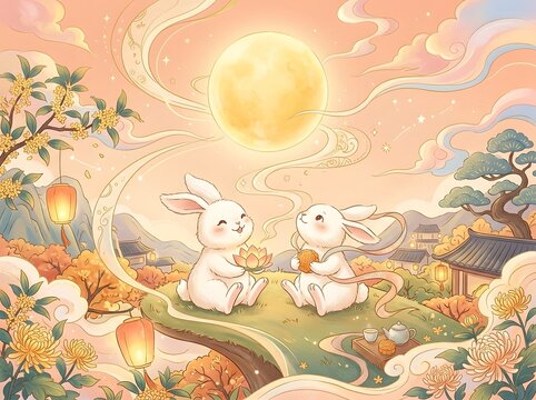 Whimsical White Rabbits Sharing Moonlit Delights Beneath a Radiant Golden Sky with Ethereal Lanterns and Floral Beauty