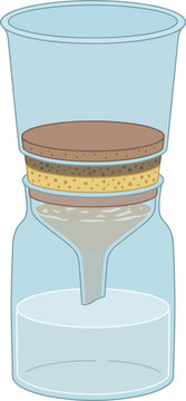 Illustration of a scientific filtration experiment in a laboratory using essential glassware components