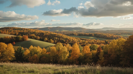 Fototapeta premium Autumn landscape rolling hill colorful forest dramatic cloud