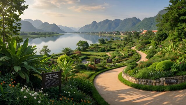 A panoramic view of the picturesque landscape in Ha Tien-Vietnam, flourishing riverside botanical gardens celebrating indigenous plant collections while promoting ecological restoration and cultural e