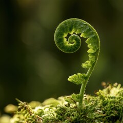 Fototapeta premium Detailed shot of a fern frond uncurling, growing on a bed of fresh moss, warm light, green bokeh