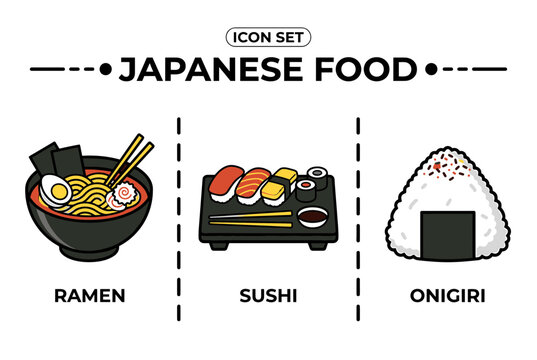 Japanese Food Vector Icon Set Featuring Ramen, Sushi Platter, and Onigiri Rice Ball