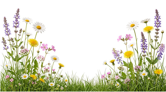 Meadow grass with daisies and lavender border isolated on transparent background