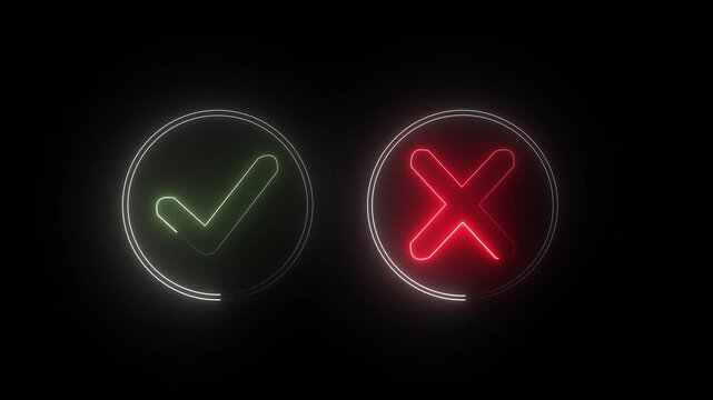 glowing neon Tick or check mark icon on Black Background . right and wrong animated neon icons, False and true. Correct and incorrect, "Minimal neon Check Mark and Cross Icon in Circle ...