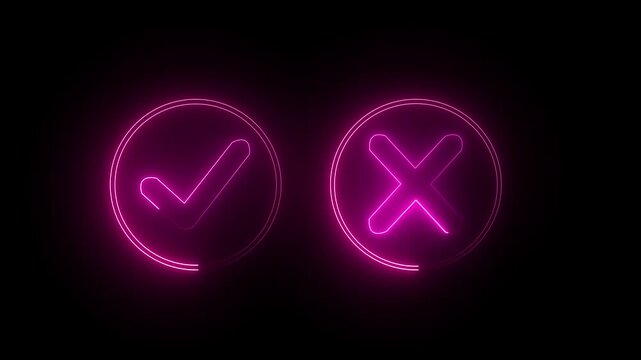 glowing neon Tick or check mark icon on Black Background . right and wrong animated neon icons, False and true. Correct and incorrect, "Minimal neon Check Mark and Cross Icon in Circle ...