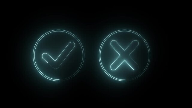 glowing neon Tick or check mark icon on Black Background . right and wrong animated neon icons, False and true. Correct and incorrect, "Minimal neon Check Mark and Cross Icon in Circle ...