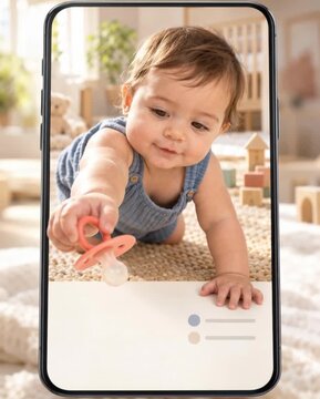 Smiling Baby Offering a Pacifier Through a Smartphone Screen