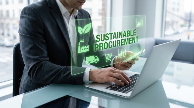 Professional reviewing sustainable procurement strategy on laptop with futuristic holographic display with business professional analyzing procurement concepts hologram