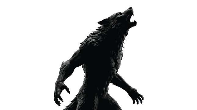 Ferocious werewolf creature howling with sharp fangs in a dark silhouette against a bright white background