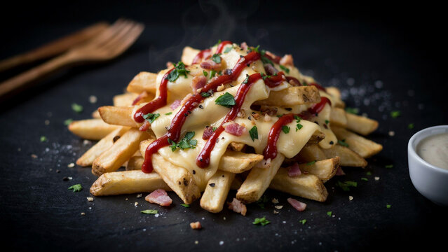 Piled french fries with melted cheese, bacon, and ketchup drizzle poutine cheese fries loaded fries