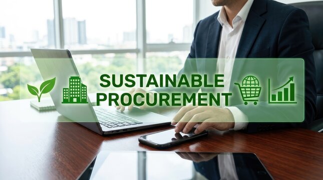 Professional exploring sustainable procurement strategies using digital devices in modern office with professional business suit working laptop smartphone bright office