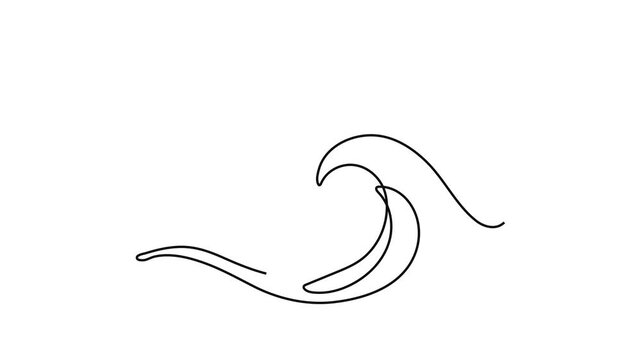 Continuous One Line Drawing of Whale Tail in Sea Wave, Minimalist Linear Outline Animation on White Background