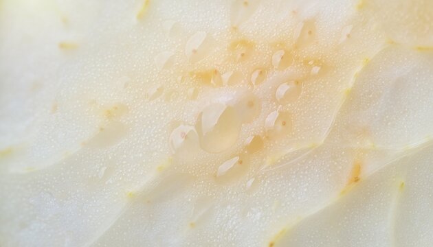 Extreme macro close-up of fresh pear flesh, revealing tiny granular cells, translucent juice pockets, delicate fibers and natural uneven texture.