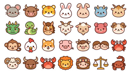Fototapeta premium Cute animal faces zodiac symbols collection