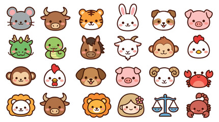 Obraz premium Cute animal faces zodiac symbols collection