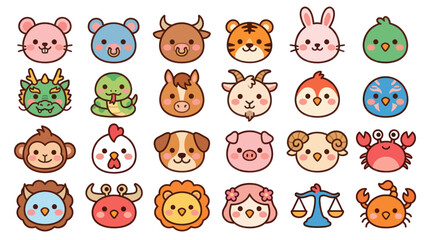 Obraz premium Cute animal faces zodiac symbols collection