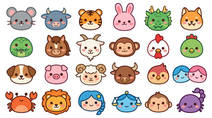 Obraz premium Cute animal faces zodiac symbols collection