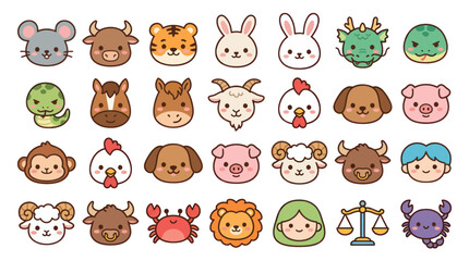 Obraz premium Cute animal faces zodiac symbols set