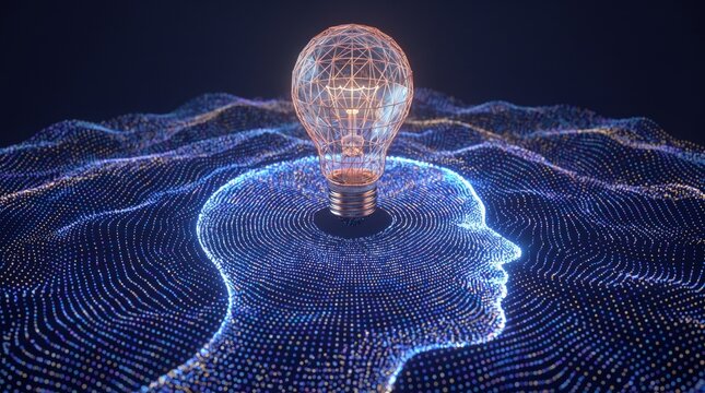 Glowing lightbulb emerging from digital mind topology, creative innovation visualization
