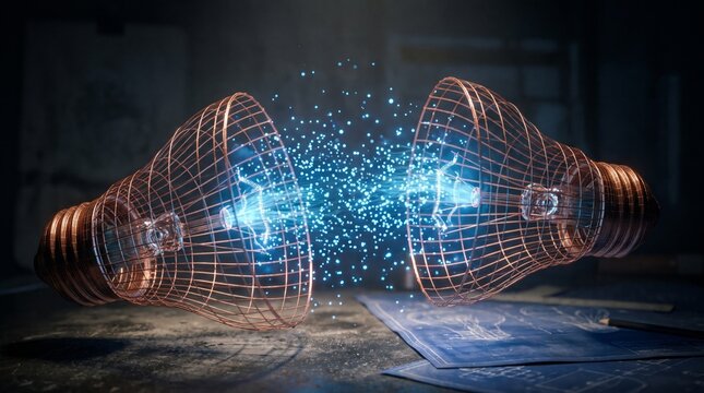 Wireframe lightbulbs radiating blue particles, innovation concept