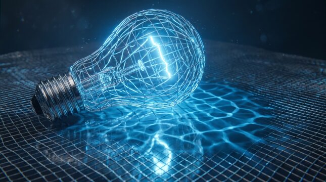Glowing wireframe lightbulb radiating bright blue light on digital grid