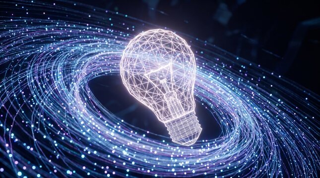 Glowing wireframe lightbulb radiating through flowing data waves