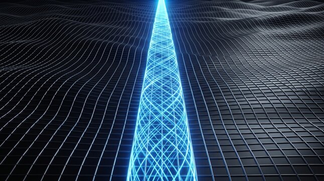 Glowing digital tunnel with blue light pathway through geometric mesh grid