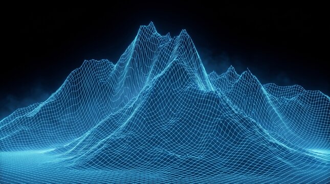 Digital wireframe mountain terrain with glowing mesh grid pattern