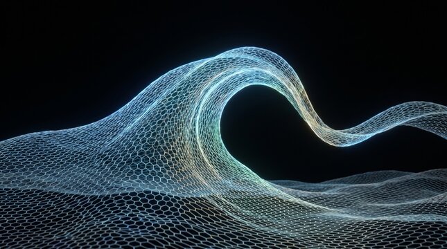 Abstract data wave flowing through mesh topology on dark background