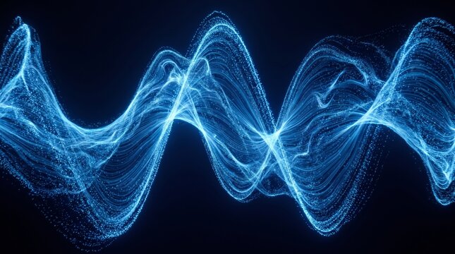 Glowing blue wave particles flowing across dark background representing data flow
