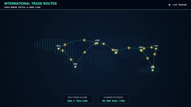 Futuristic International Trade Routes Dashboard Displaying Cross-Border Capital and Cargo Flows