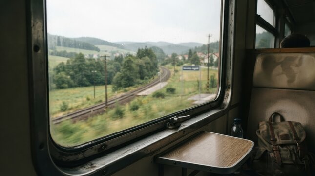 slow regional train journey window view Train window view of countryside landscape with railway tracks and hills