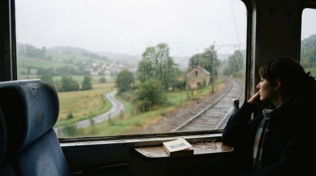 slow regional train journey window view Woman looking out train window at rainy countryside landscape