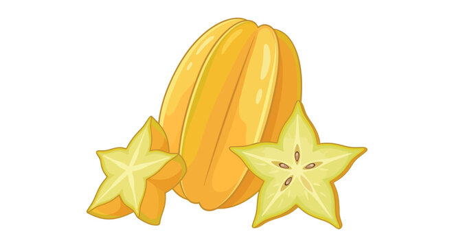 Star fruit illustration depicts whole and sliced specimens on a white background