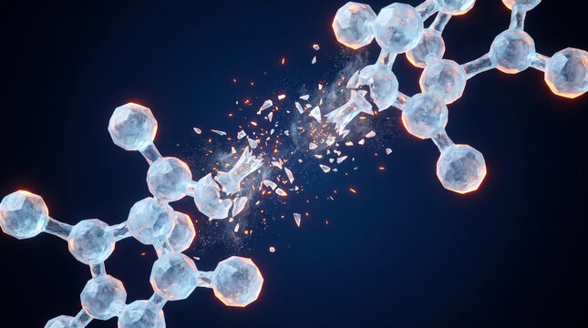 Icy molecular structure breaking apart with shattered chemical bond