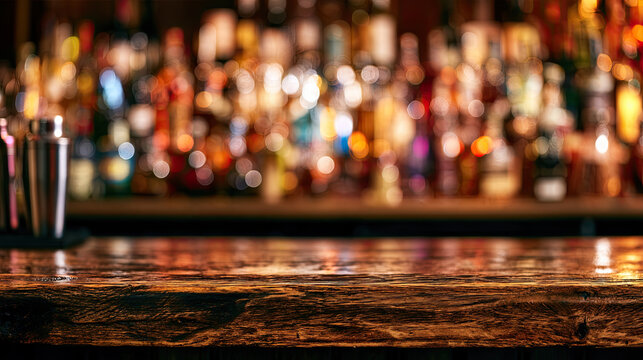 transparent empty bar with bottles and bokeh background