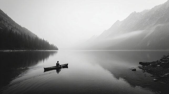 Man paddling a canoe across a serene lake surrounded by scenic natural landscapes, peaceful outdoor adventure and tranquil water recreation
