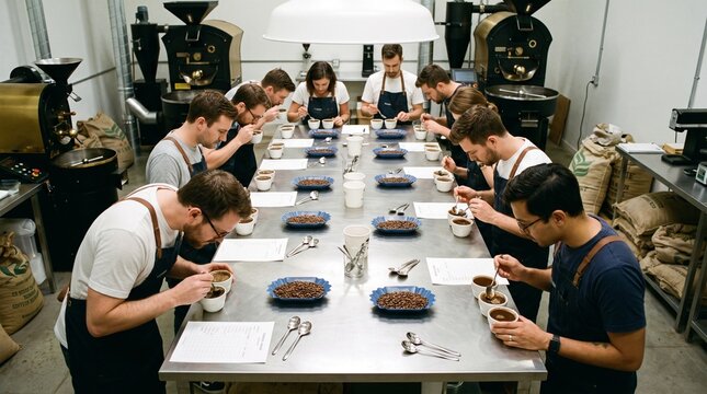 Coffee professionals cupping and evaluating roasted beans in a roastery