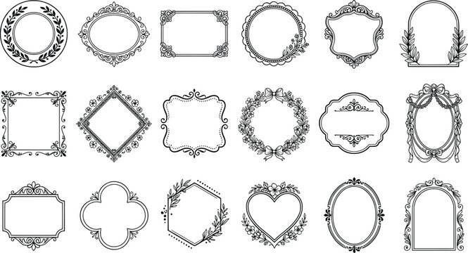 Vintage ornamental frame vector set of 18, ornate calligraphic borders for wedding invitations, decorative black outline label collection