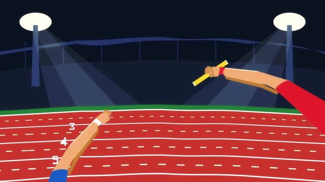 Pixel art relay race baton passing animation at stadium night footage