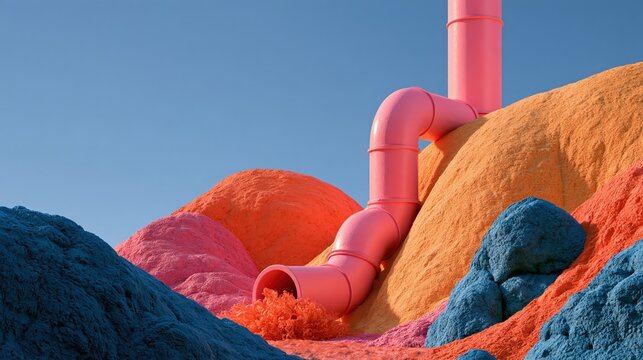 Glossy clay still of a steep pink penstock pipe running down a colourful hillside of chunky rocks, with generous copy space