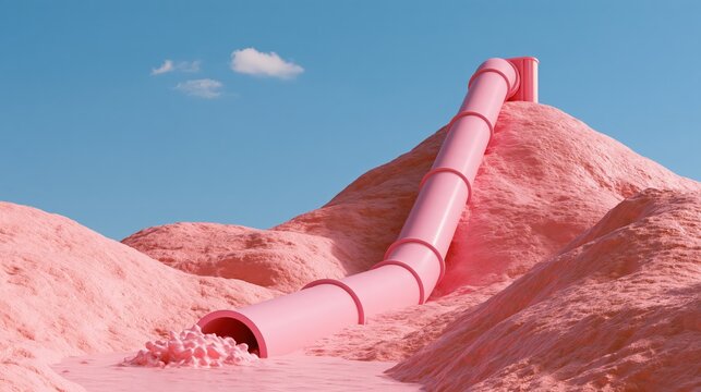 Glossy clay still of a steep pink penstock pipe running down a colourful hillside of chunky rocks, with soft shadows and a calm composition