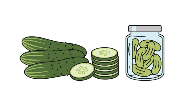 Fresh Green Cucumbers Sliced and Pickled in Jar Vector