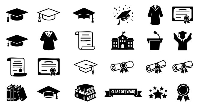 Graduation Ceremony and Celebration Vector Icon Set: Minimalist Black Symbols on White Background