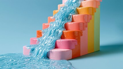 Obraz premium Glossy claymation scene of a tall water drop broken into rainbow-coloured falls down pastel steps, in a clean modern style