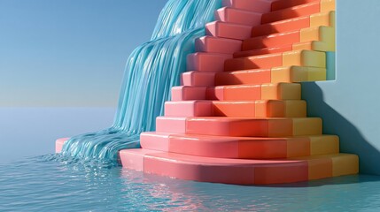 Obraz premium Glossy claymation scene of a tall water drop broken into rainbow-coloured falls down pastel steps, with soft shadows and a calm composition