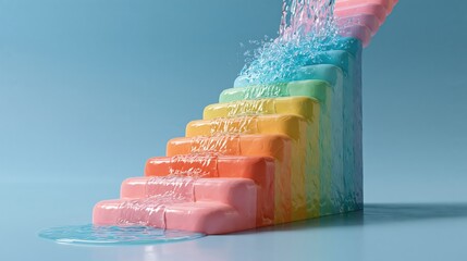 Obraz premium Glossy claymation scene of a tall water drop broken into rainbow-coloured falls down pastel steps, with plenty of empty space for text