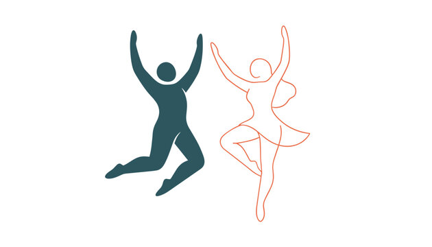 Joyful couple dancing and jumping with happiness, featuring a dark blue male figure and a delicate red outline female figure.